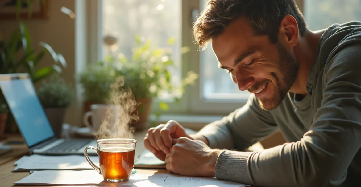 Человек пьет травяной чай вместо кофе