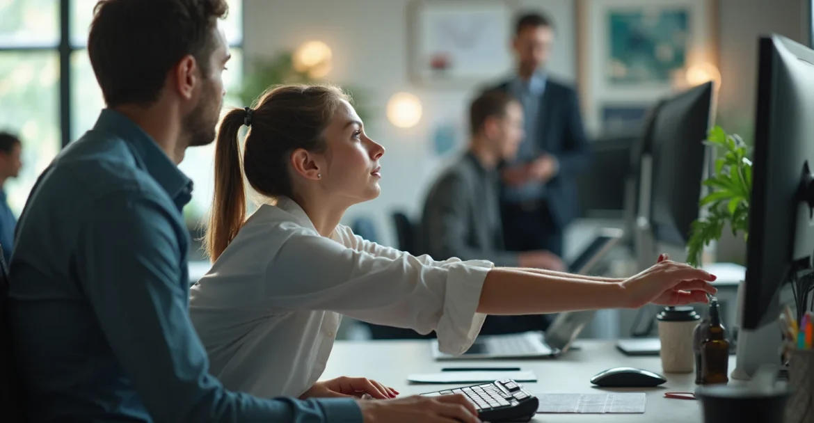 Человек выполняет растяжку в офисе