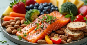 Тарелка с продуктами, богатыми белками и углеводами, для поддержания энергии