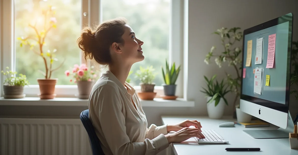 Человек выполняет упражнения для глаз за компьютером