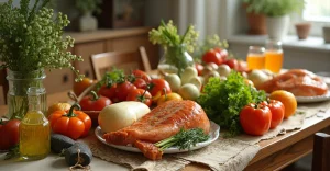 Здоровый рацион питания с фруктами, овощами, рыбой и орехами для предотвращения заболеваний
