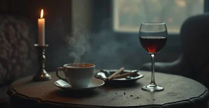 Чашка кофе, сигарета и бокал вина с красным крестом, символизирующим запрет на употребление стимуляторов перед сном