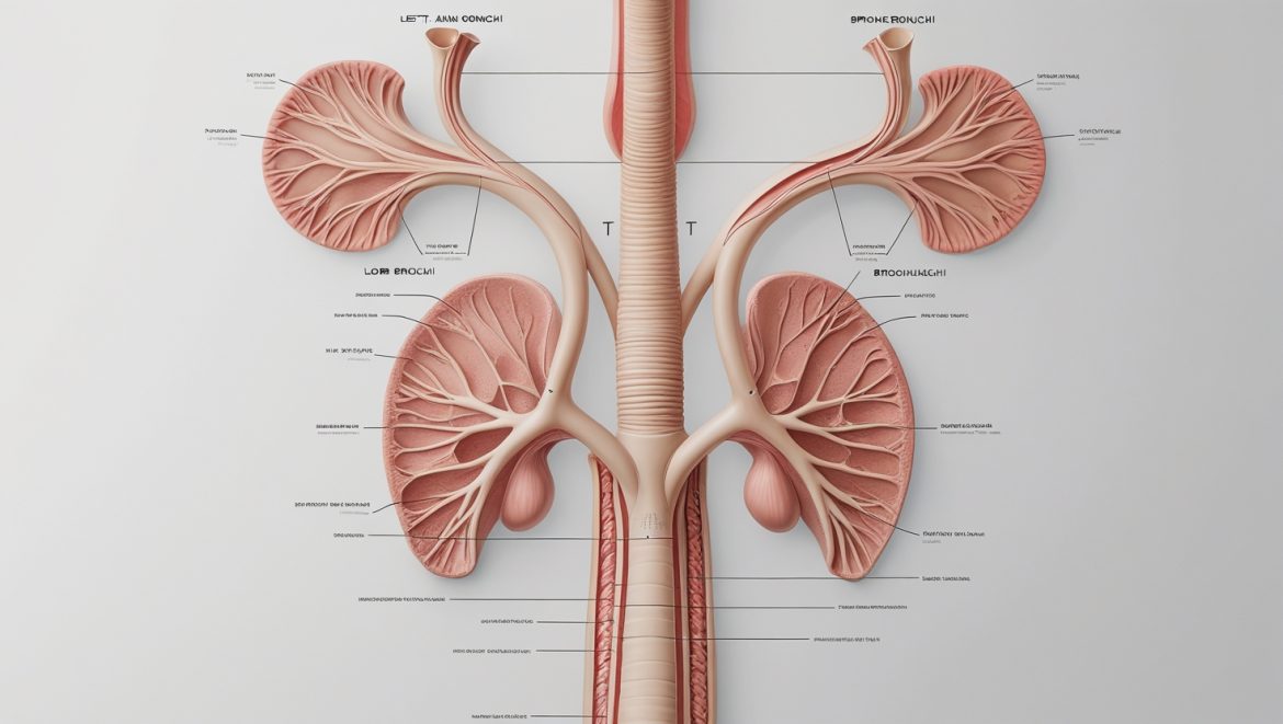 Анатомическое строение бронхиального дерева с подробным изображением трахеи, главных, долевых и сегментарных бронхов