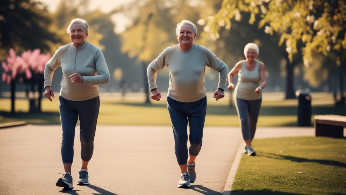 Активные люди старше 50 лет занимаются физическими упражнениями на свежем воздухе