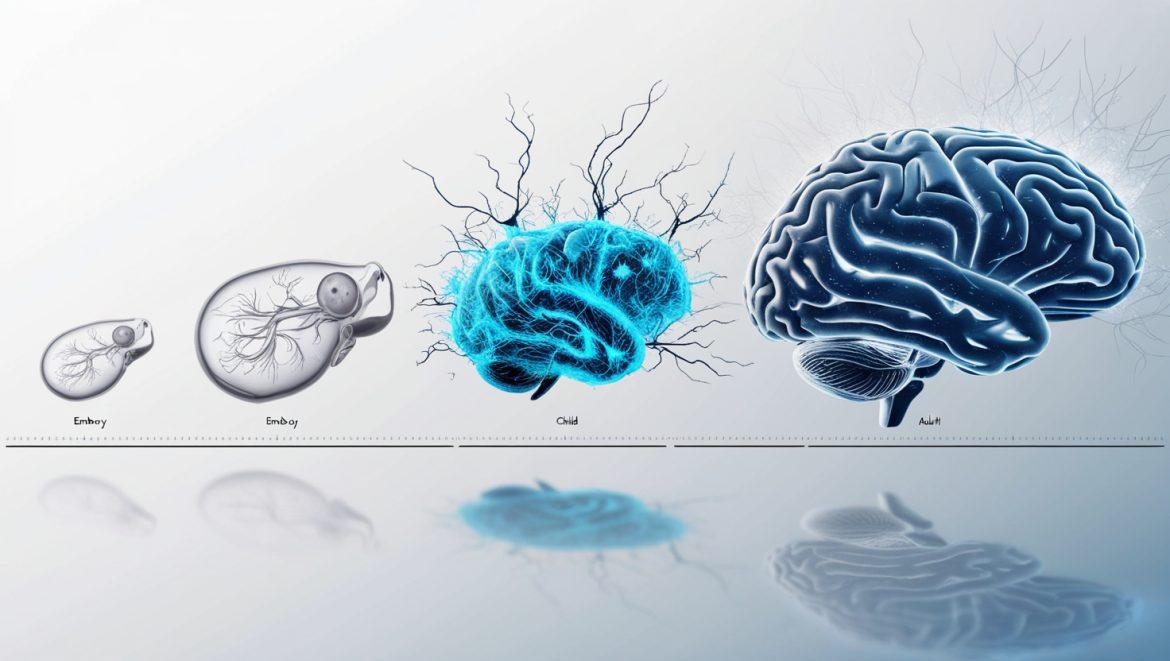 Формирование нейронных связей от эмбриона до взрослого человека, визуализация процесса развития мозга на разных этапах жизни