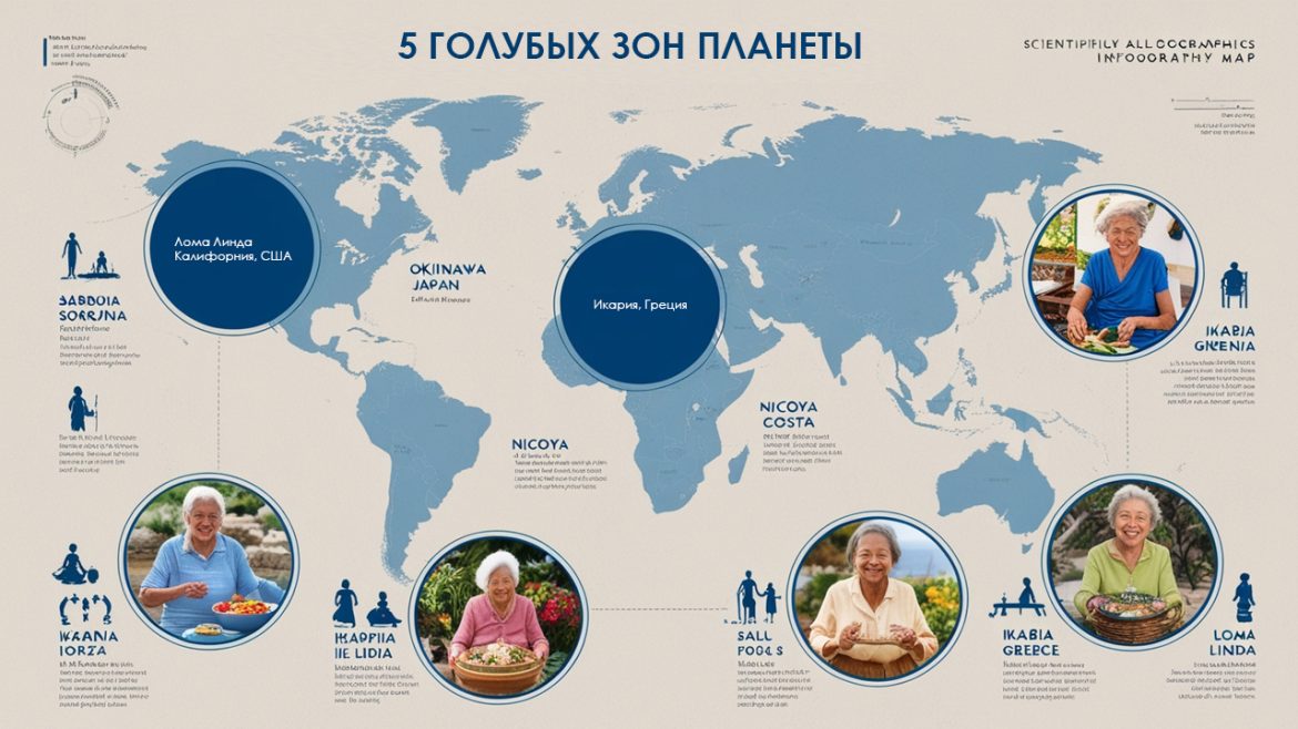 Infografika golubyx zon dolgoletiya pokazyvaet pyat regionov mira gde lyudi zhivut do 100 let i ikh sekrety zdorovoj zhizni