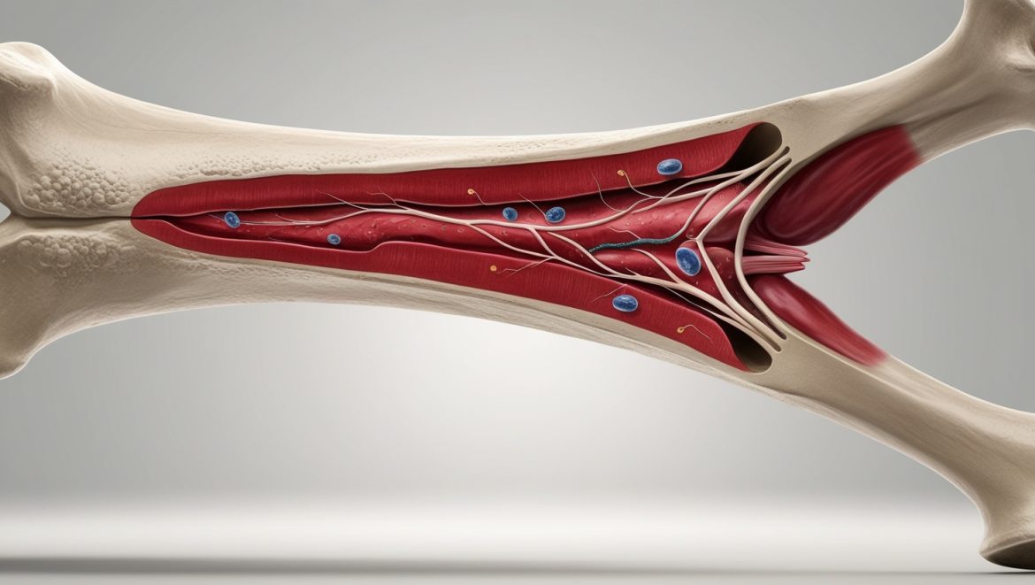 Трехмерная визуализация костного мозга в разрезе длинной кости с видимыми стволовыми клетками и кровеносными сосудами