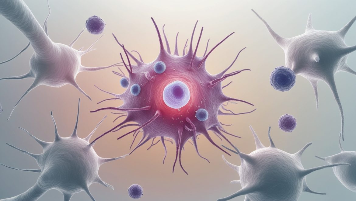 Нейрон в окружении различных типов глиальных клеток - астроцитов, олигодендроцитов и микроглии, демонстрирующих их взаимодействие в нервной ткани