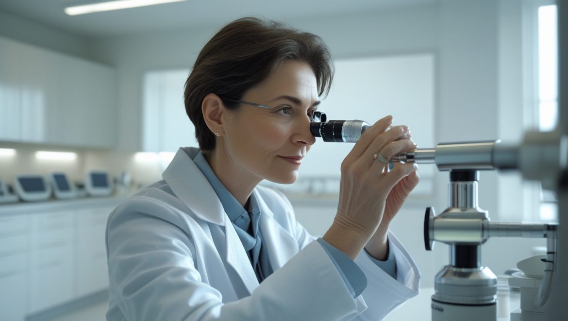 Офтальмолог проводит осмотр глаз пациента