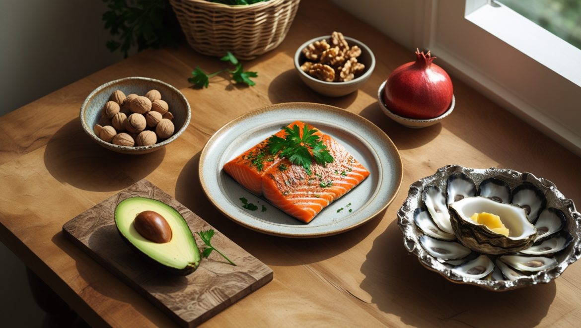 Продукты для улучшения мужской потенции: рыба, орехи, темный шоколад, авокадо, гранат, устрицы и зеленые овощи