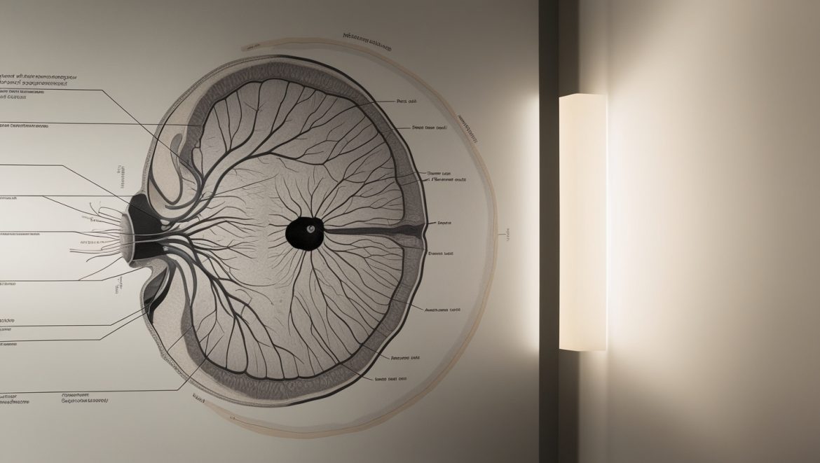 Слоистая структура сетчатки глаза с детальным изображением фоторецепторов, биполярных, горизонтальных, амакриновых и ганглионарных клеток