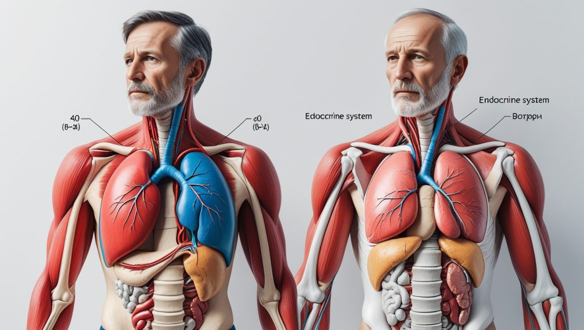 Анатомическая иллюстрация сравнения органов мужского организма в возрасте 40 и 60 лет, демонстрирующая основные возрастные изменения