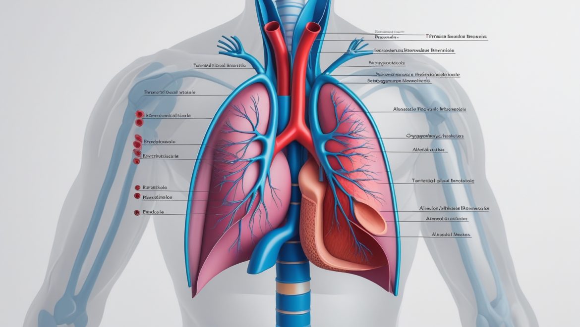 Анатомическое строение бронхо-легочной системы от трахеи до альвеол с детальным изображением разветвлений бронхиального дерева и структуры альвеол