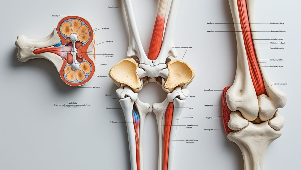 Инфографика строения опорно-двигательной системы с подписанными костями, мышцами и суставами