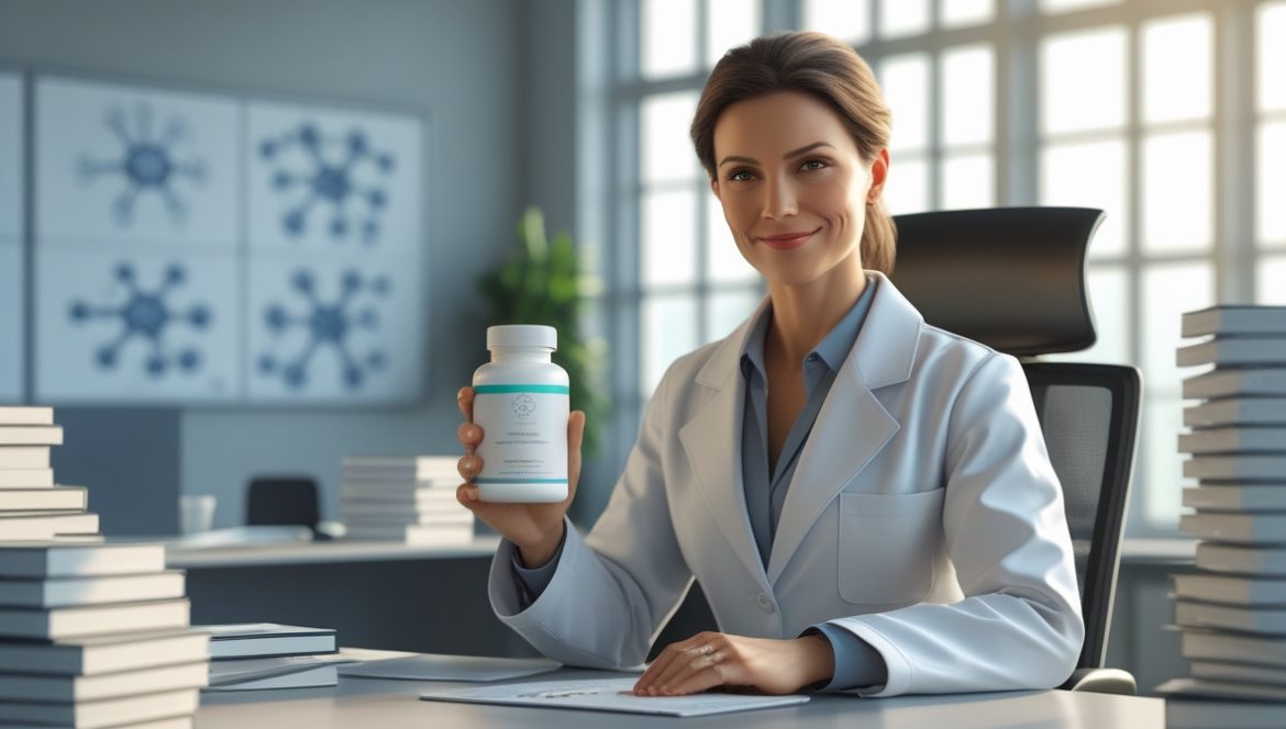 Диетолог-нутрициолог анализирует БАД Molecular Force в современном медицинском кабинете