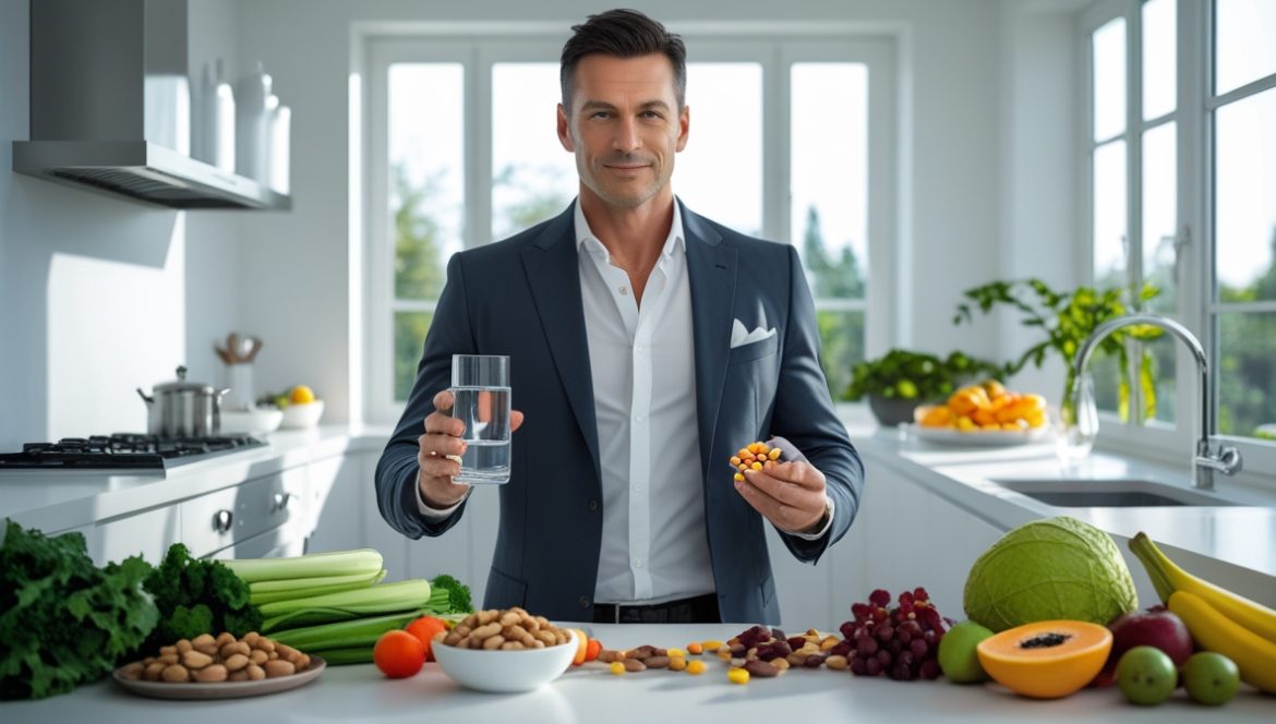 мужчина принимает витаминный комплекс molecular force для здоровья