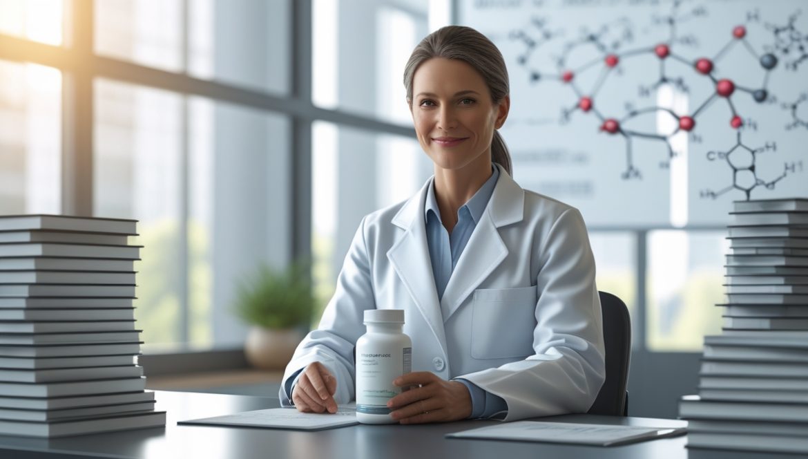 Диетолог-нутрициолог с БАДом MolecularForce для борьбы со стрессом в научной лаборатории