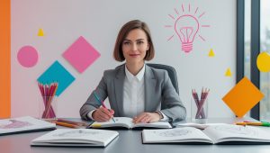 Тест на креативность - человек за рабочим столом с творческими инструментами