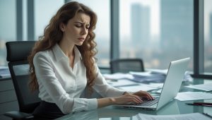 Тест на профессиональное выгорание - женщина в офисе испытывает стресс на работе