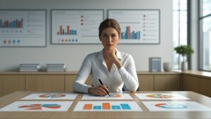 Человек принимает решение за рабочим столом с графиками и схемами