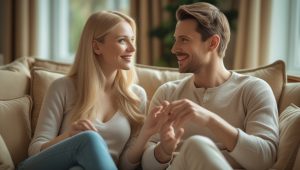 Счастливая семейная пара в гармоничных отношениях проходит психологический тест