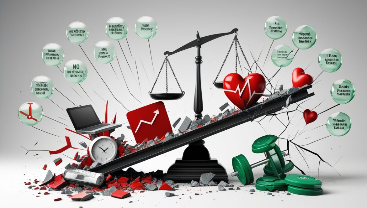 Женщина на работе выбирает между здоровым и нездоровым питанием при стрессе, баланс работы и личной жизни