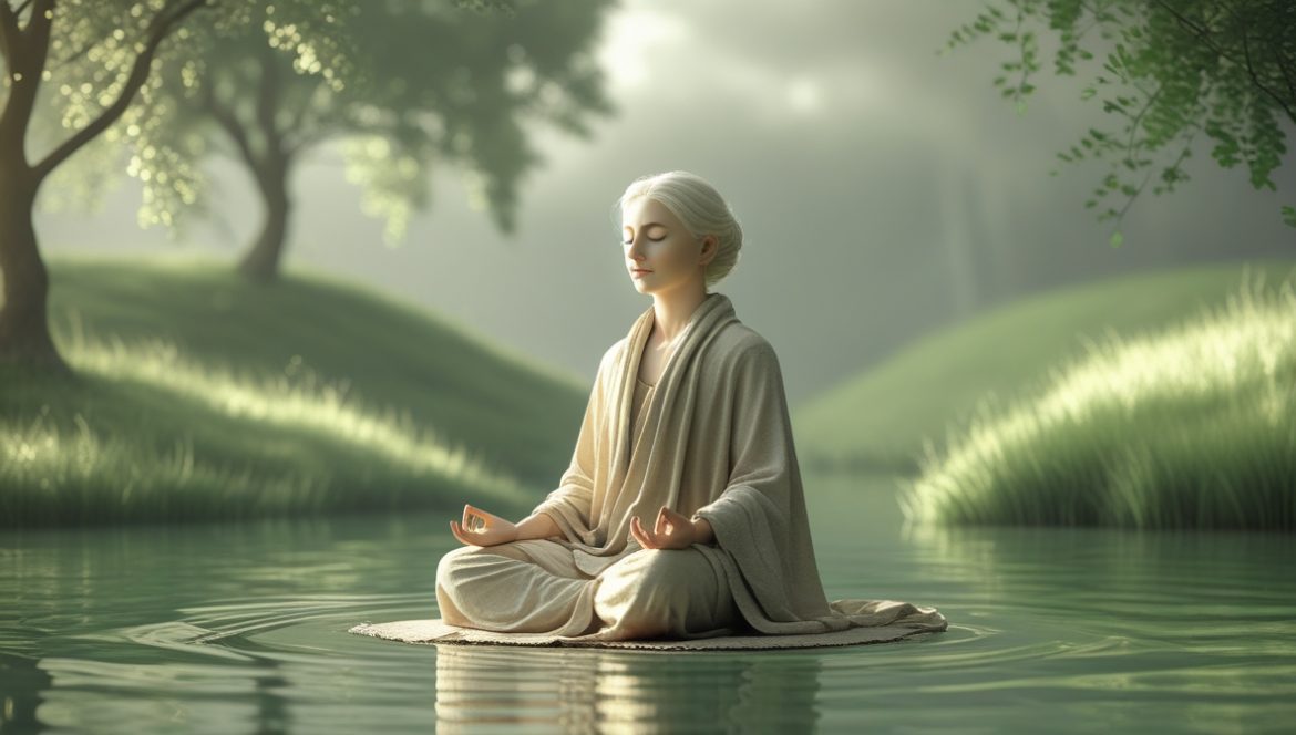 Человек медитирует в безопасном месте на природе, практикуя технику визуализации для снятия стресса и тревоги