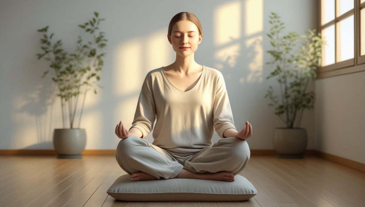 Человек медитирует в комфортной позе в современном светлом интерьере с естественным освещением