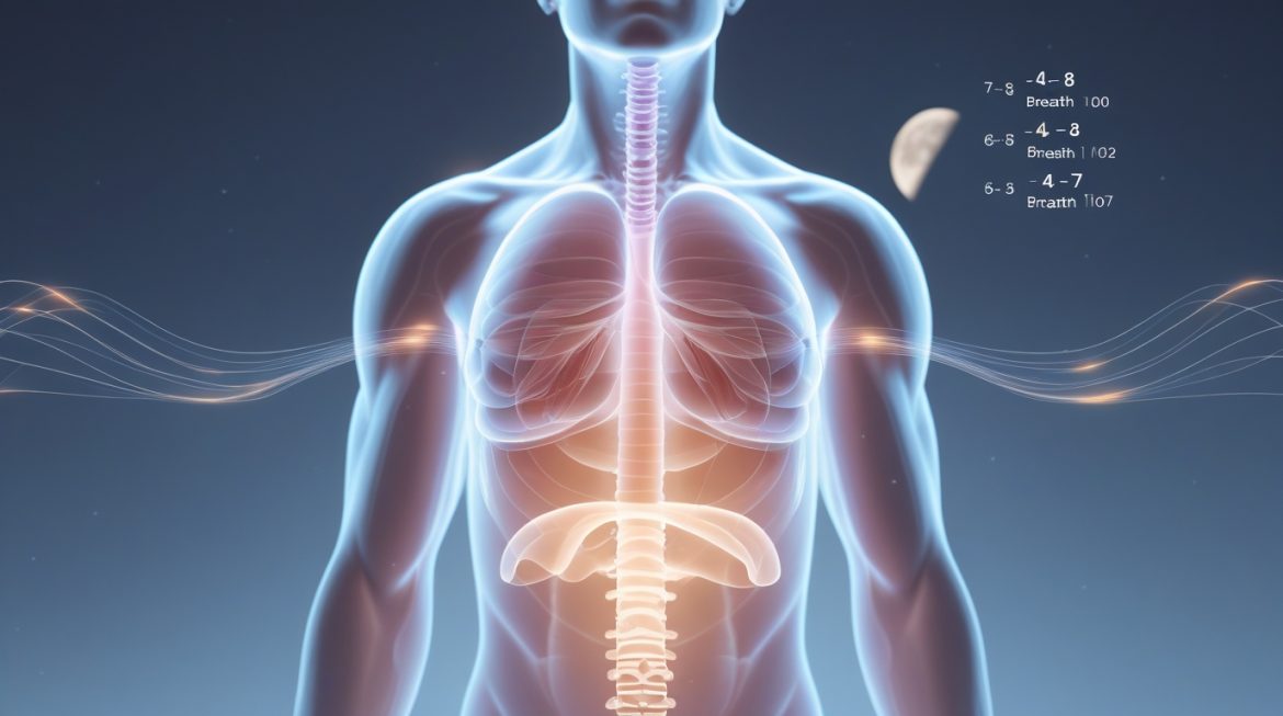 Женщина практикует диафрагмальное дыхание лежа в постели перед сном для улучшения качества сна и борьбы с бессонницей