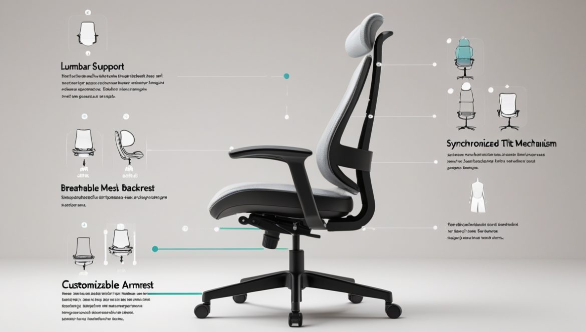 Эргономичное офисное кресло с сетчатой спинкой и регулируемыми подлокотниками в современном домашнем офисе, правильная посадка за рабочим столом