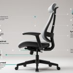 Эргономичное офисное кресло с сетчатой спинкой и регулируемыми подлокотниками в современном домашнем офисе, правильная посадка за рабочим столом