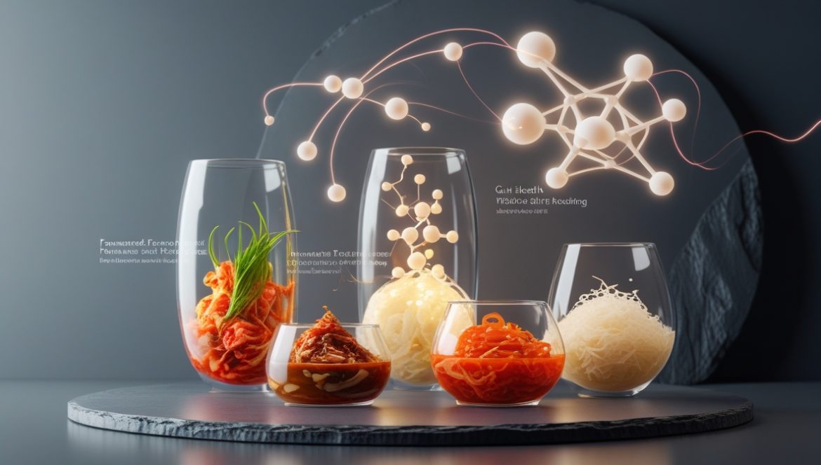 Ферментированные продукты долгожителей - кимчи, мисо-паста и квашеная капуста с натуральными ингредиентами на деревянном столе