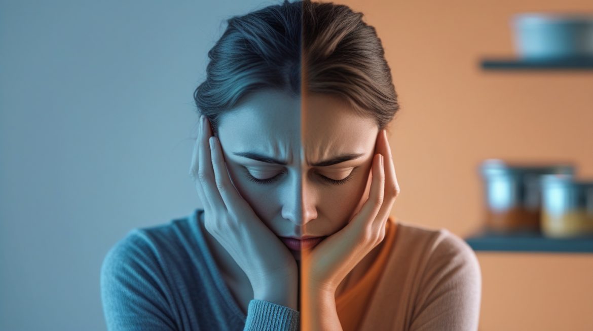 Визуальное сравнение физической и эмоциональной зависимости от еды: человек с симптомами отмены и эмоциональным перееданием