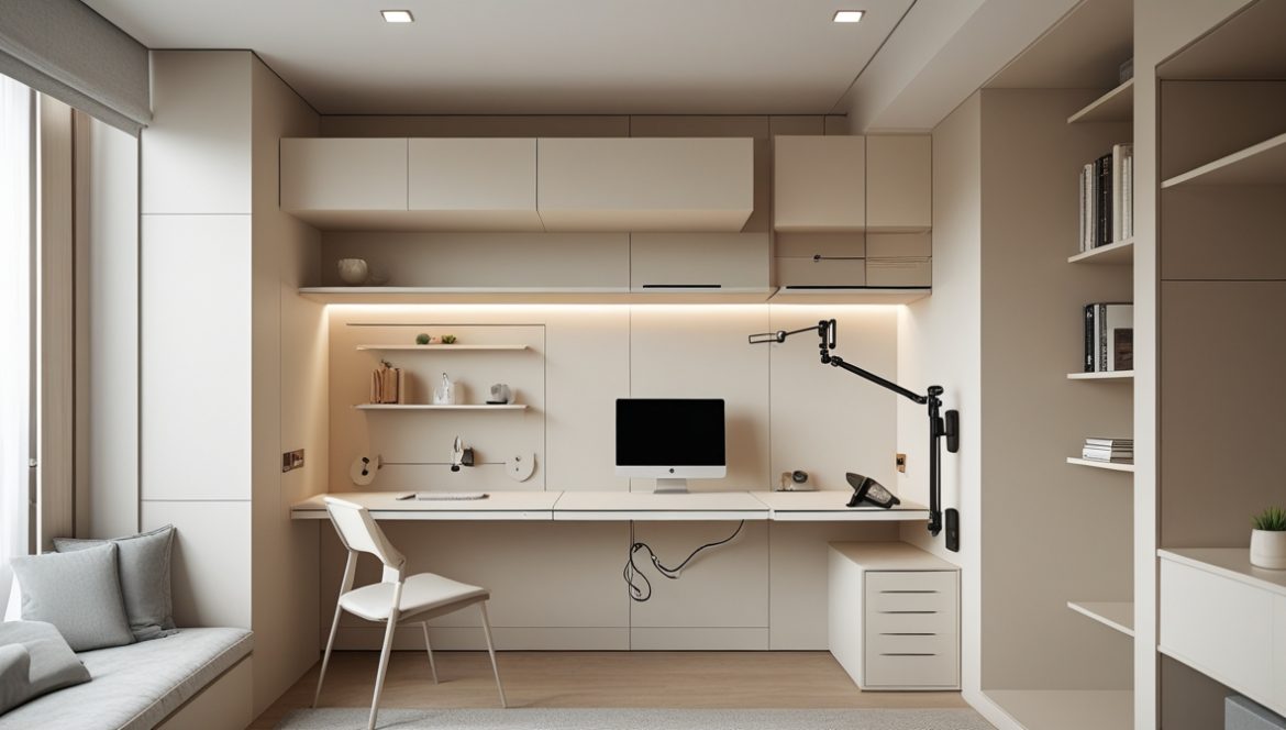 Функциональная рабочая зона в малогабаритной квартире с эргономичным столом у окна и организованным пространством для удаленной работы