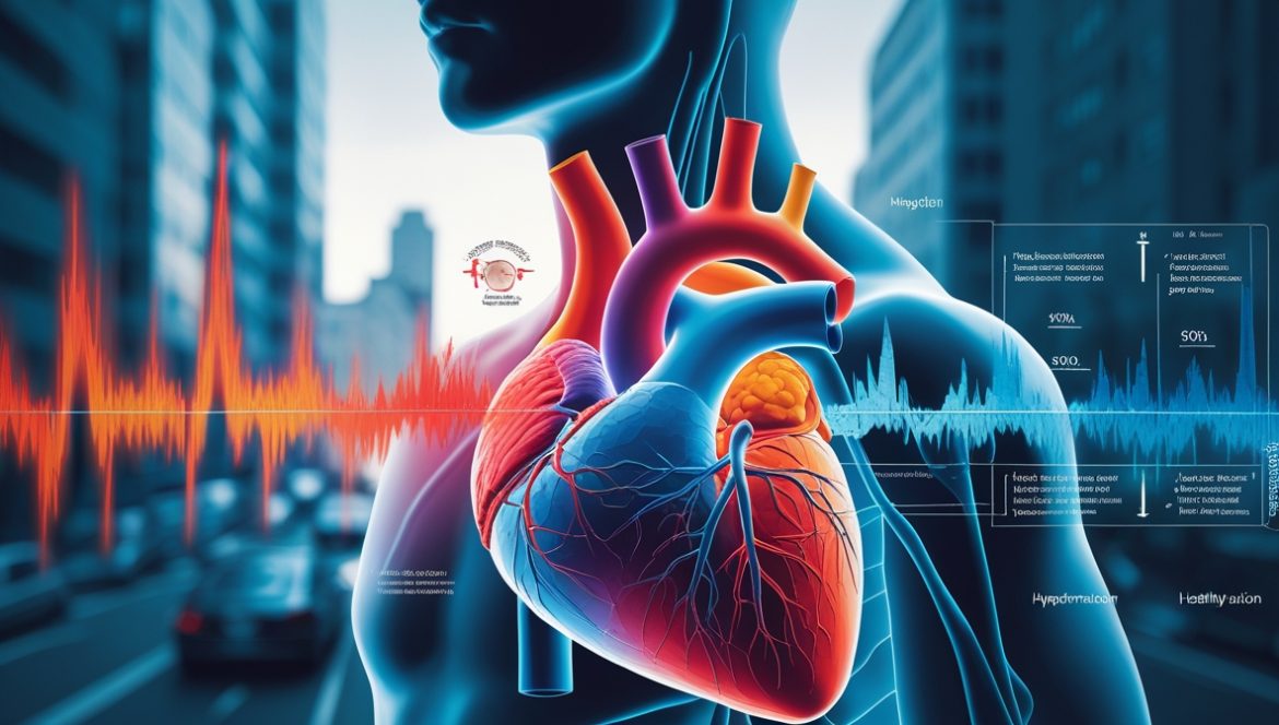 Человек защищает сердце от городского шума стоя на шумной улице мегаполиса с транспортом и стройкой