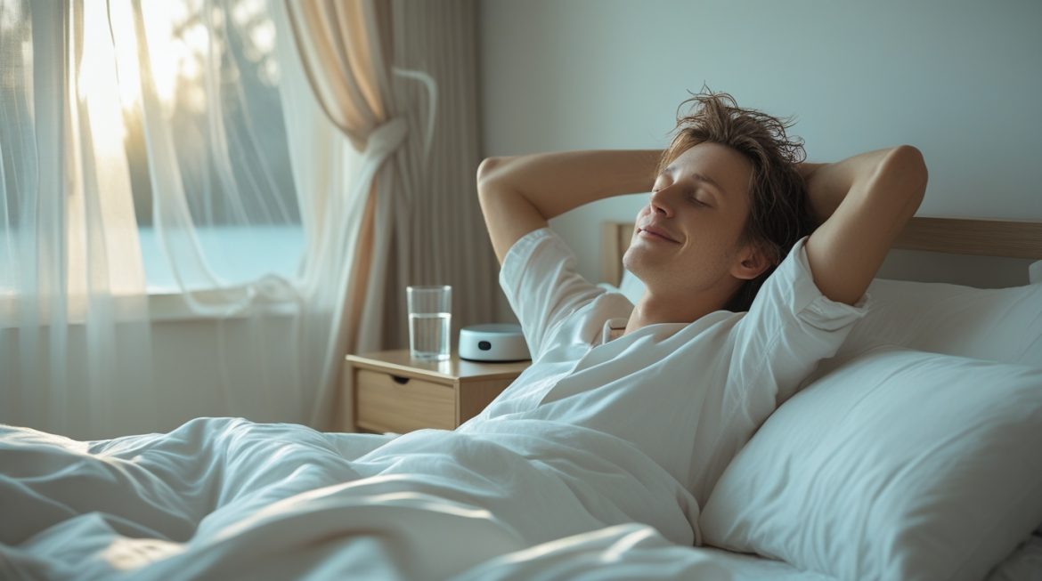 Комфортная спальня с естественным освещением и человек после качественного сна — признаки здорового восстановления организма