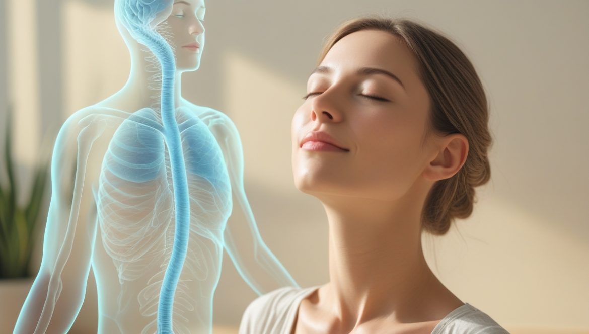 Женщина практикует диафрагмальное дыхание для активации парасимпатической нервной системы и снижения стресса