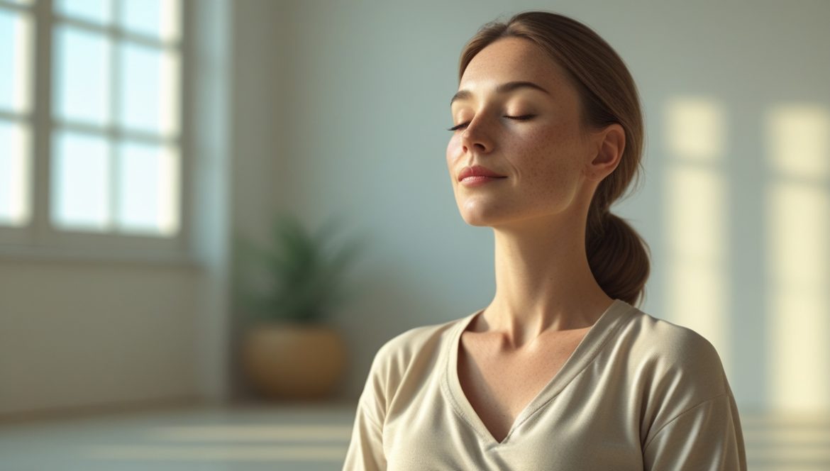 Женщина практикует техники быстрого снятия стресса и напряжения через медитацию и дыхательные упражнения в спокойной обстановке