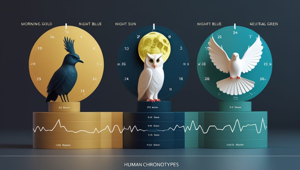 Циферблат часов с изображением здоровых продуктов питания распределенных по времени суток демонстрирующий концепцию хронотипов и оптимального режима питания для жаворонков сов и голубей