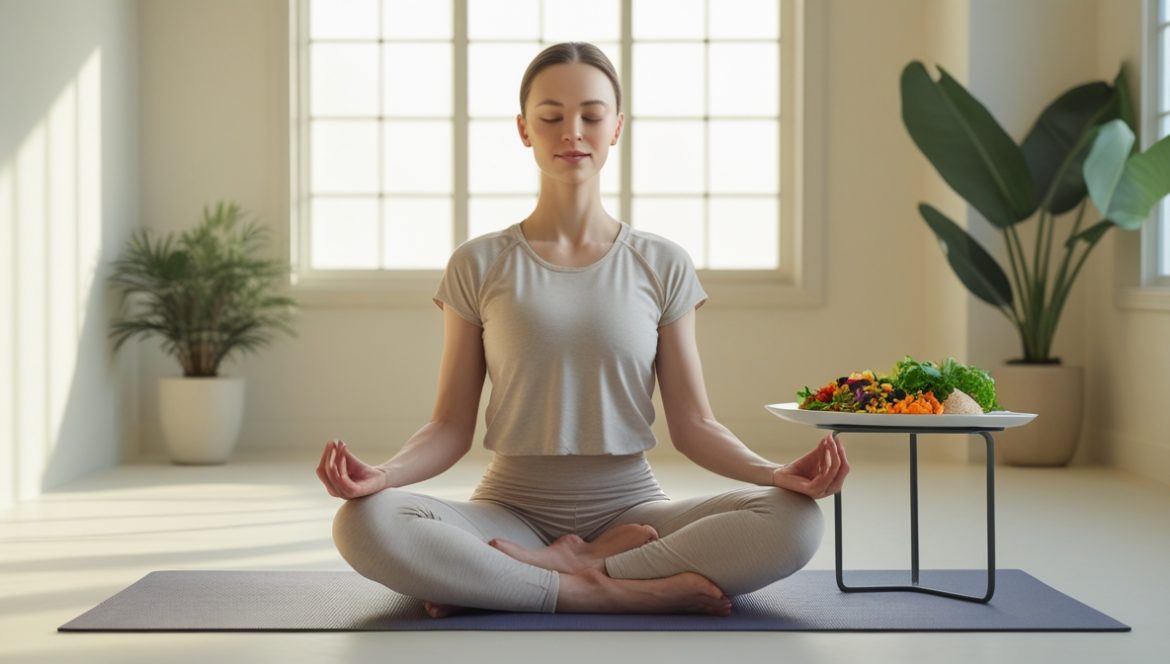 Женщина медитирует в светлой комнате со здоровым питанием для контроля веса и осознанного пищевого поведения