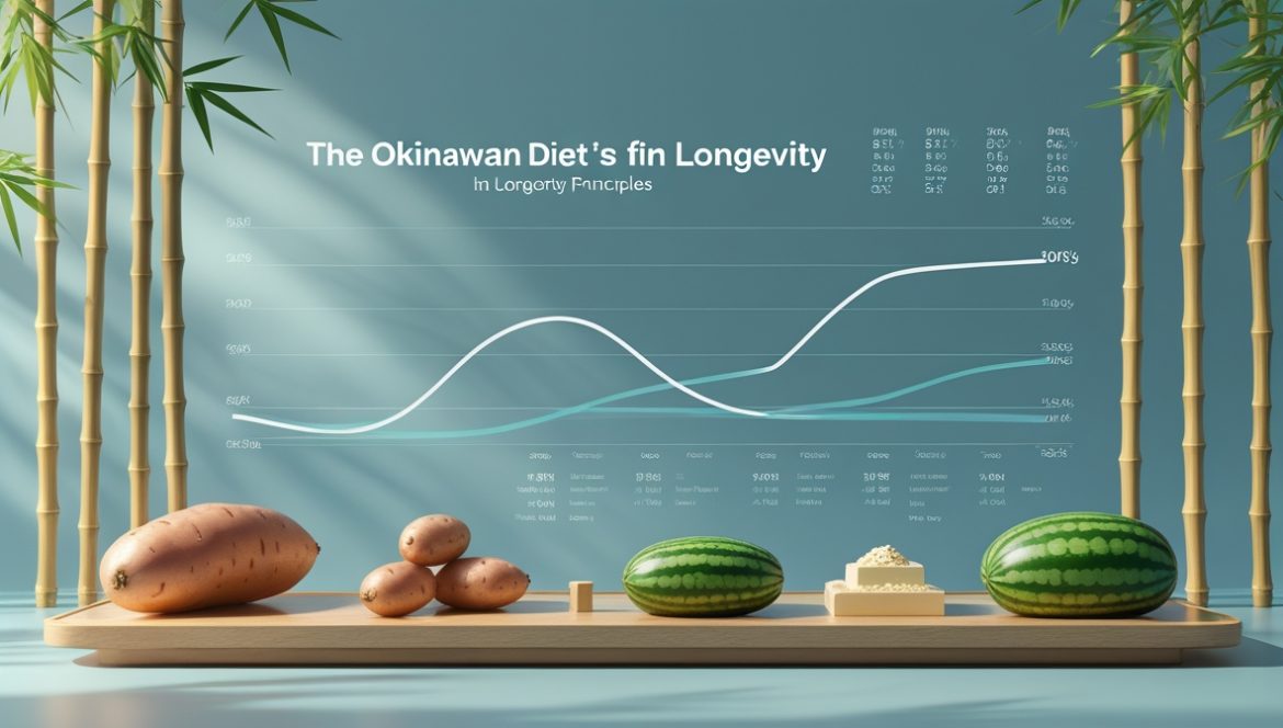 Традиционная окинавская диета с овощами, тофу, сладким картофелем и мисо-супом на столе, здоровое питание для долголетия