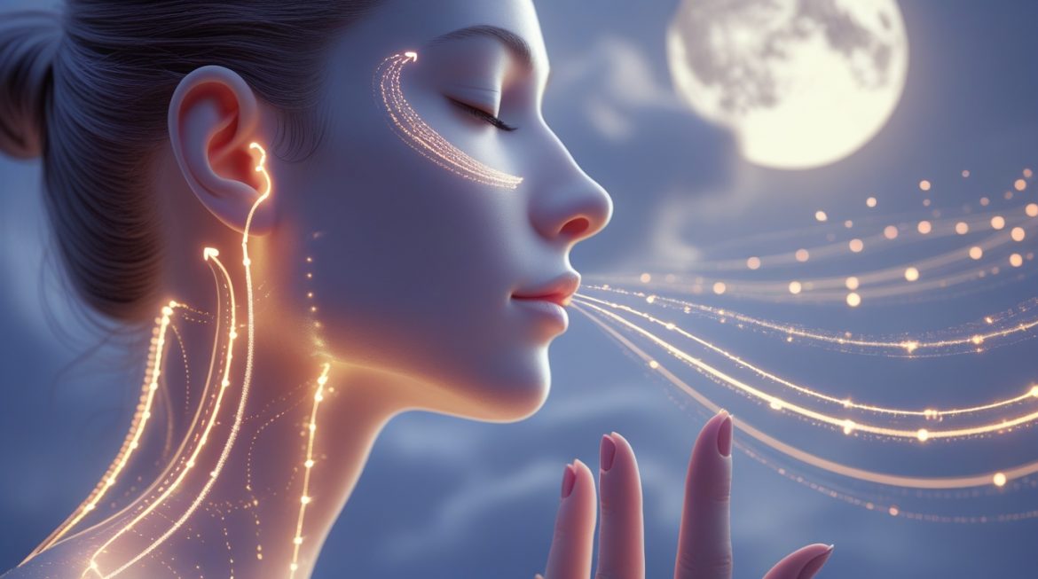 Женщина выполняет технику попеременного носового дыхания Нади Шодхана для улучшения сна и расслабления перед сном в спокойной вечерней обстановке