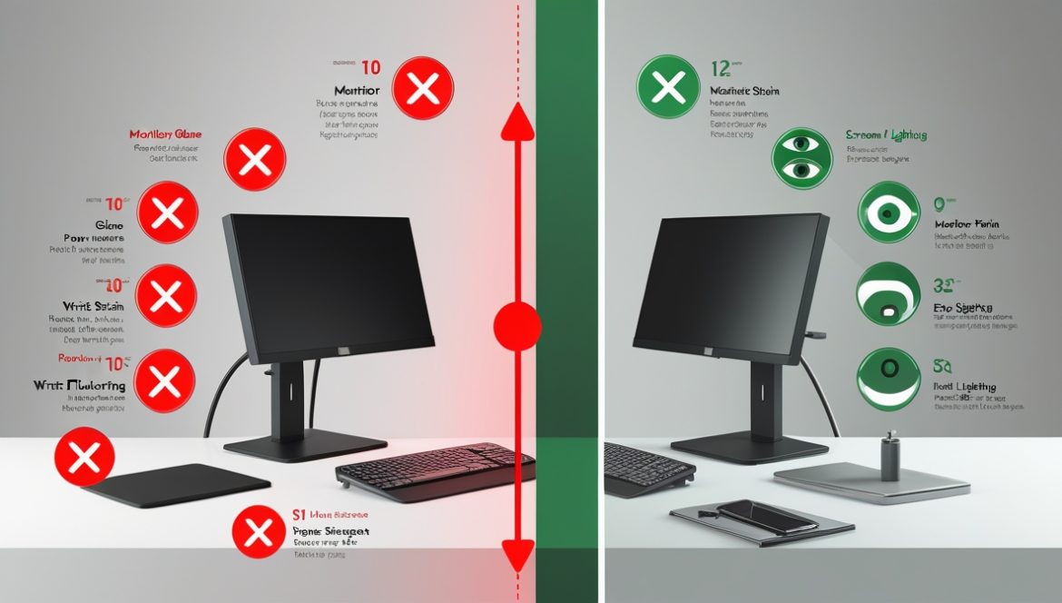 Правильно организованное эргономичное рабочее место офисного работника с монитором на уровне глаз и поддержкой поясницы