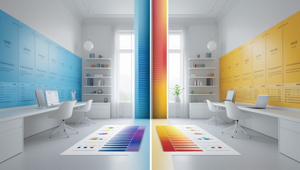 Современный домашний офис с продуманной цветовой схемой, демонстрирующий влияние психологии цвета на рабочее пространство