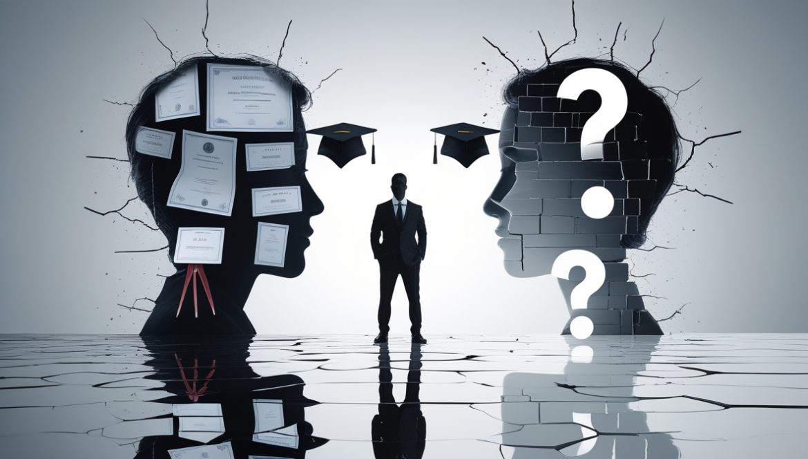 Профессионал за рабочим столом размышляет о синдроме самозванца и профессиональном выгорании с элементами здорового питания