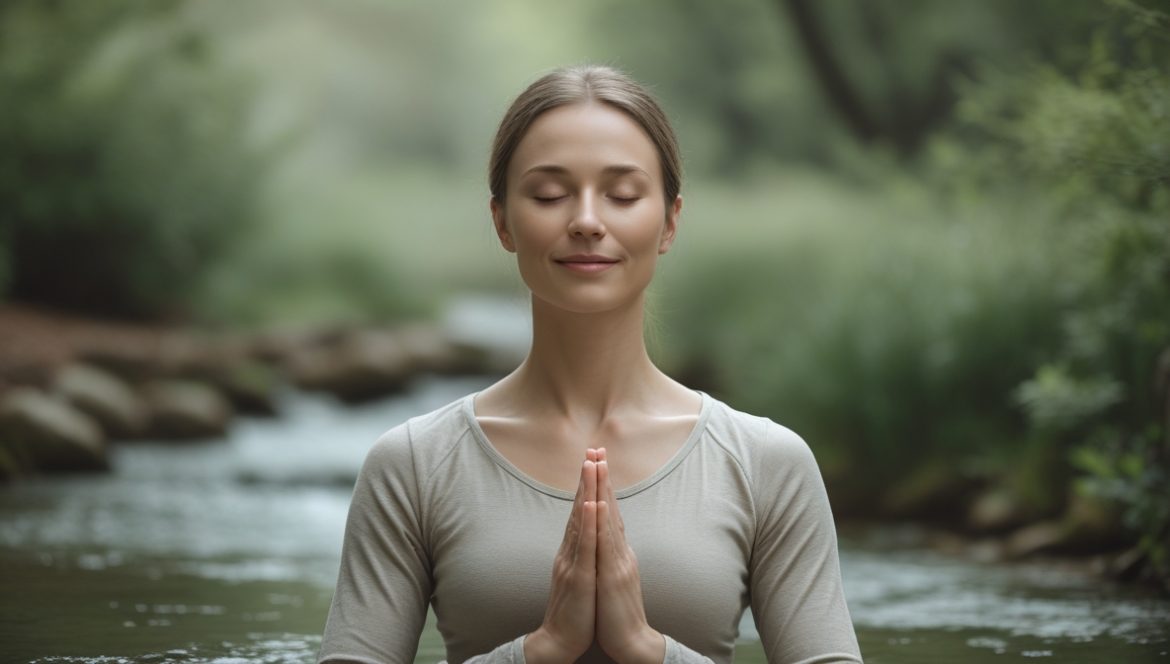 Человек практикует технику релаксации и снятия стресса в спокойной природной обстановке