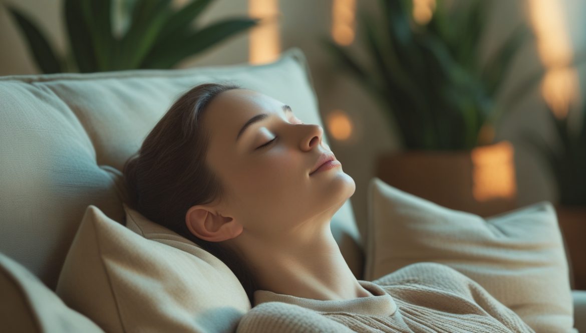 Человек европейской внешности практикует релаксацию и медитацию для снятия хронического стресса и восстановления нервной системы в спокойной домашней обстановке с растениями