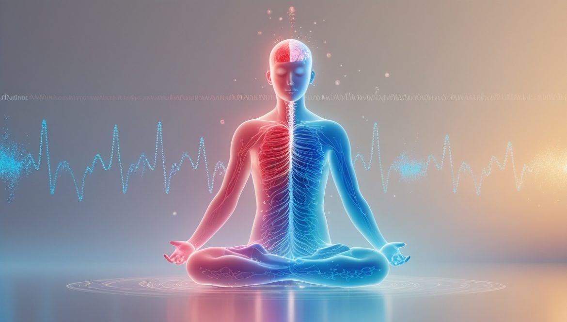 Человек практикует технику расслабления в спокойной домашней обстановке, медитация для снятия стресса и психологического напряжения