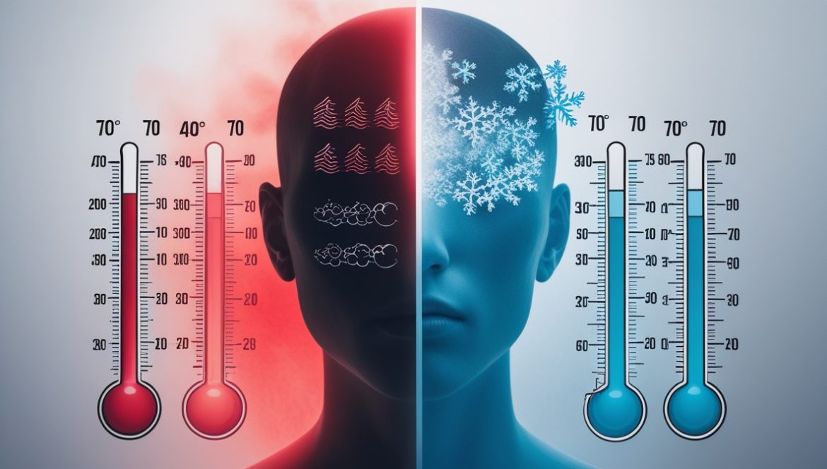 Человек у окна размышляет о влиянии экстремальных температур на психическое здоровье в контрасте жары и холода