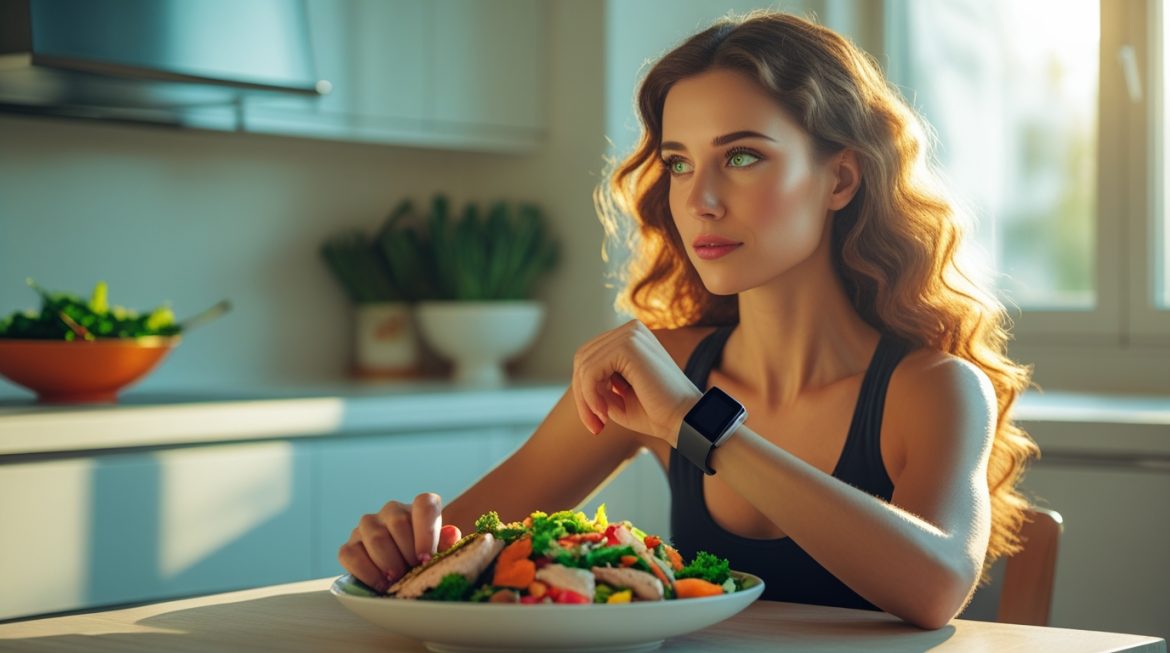 Женщина практикует осознанное здоровое питание с внутренней мотивацией за столом с полезными продуктами